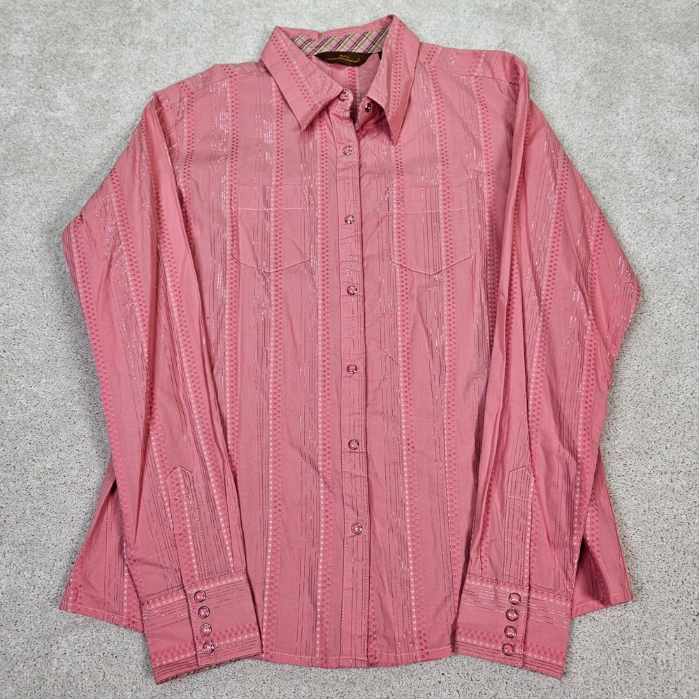 Aura from the Women at Wrangler Pink Metallic Stripe Dot Western Pearl Snap Sz L